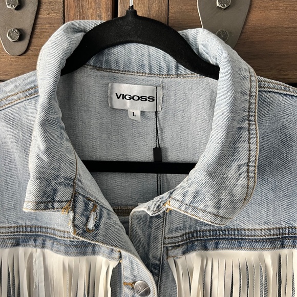 NWT VIGOSS Denim Faux Leather Fringe Jacket Size Large - Picture 3 of 10